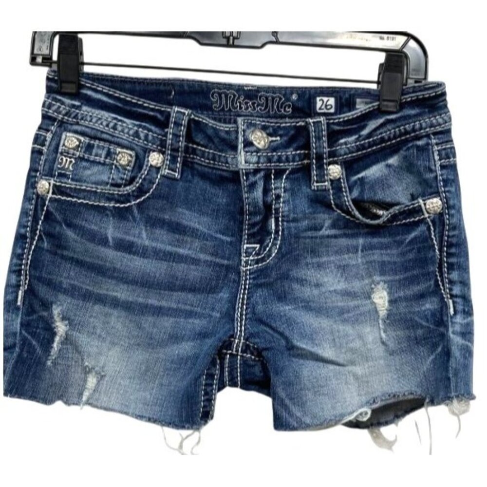 Miss Me Women's Distressed Denim Shorts With Rhinestone Embellishments Size 26